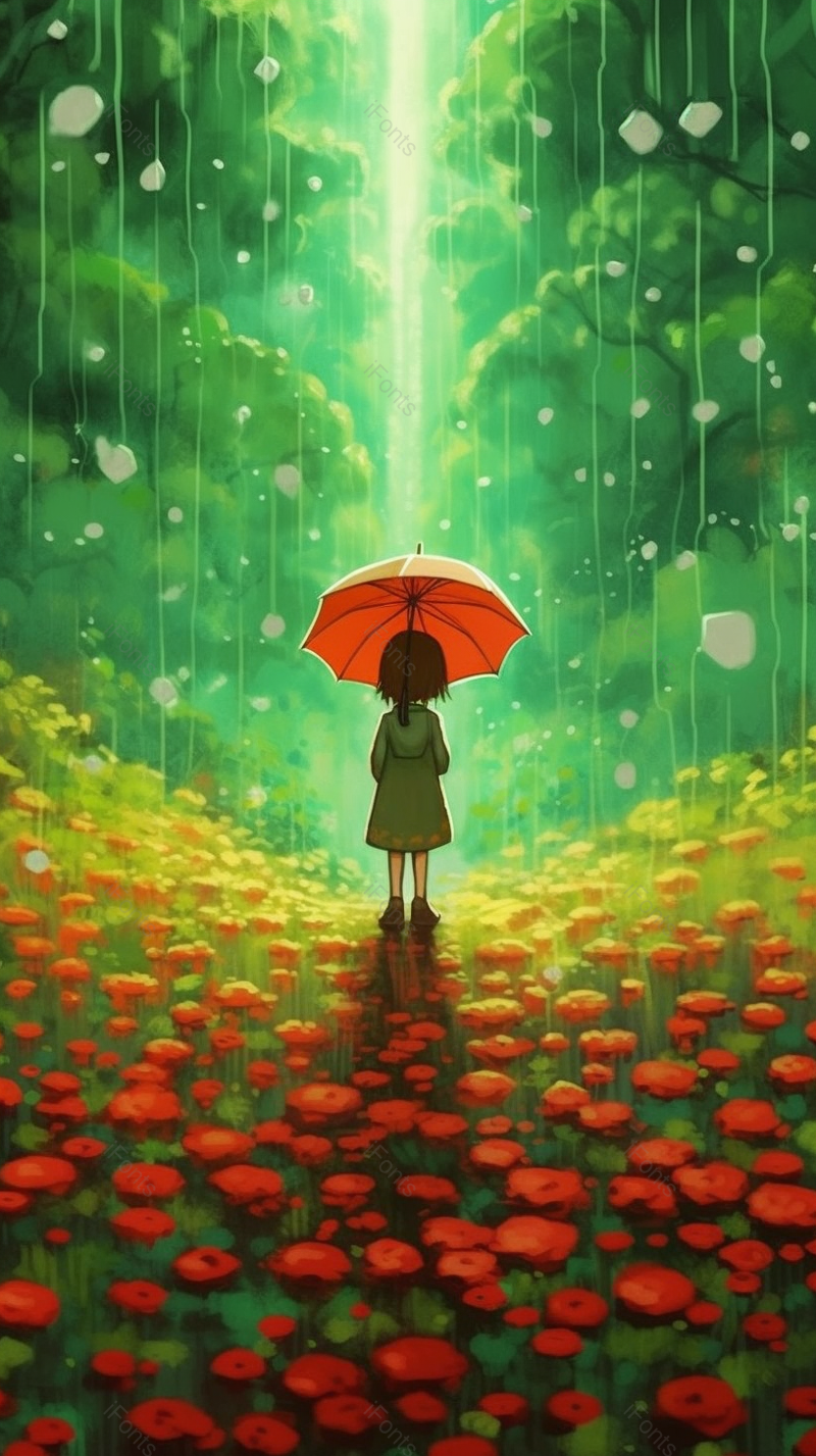 下雨天女孩撑着红伞坐走在花园里插画背景,插画/手绘图,插画/手绘图库,插画/手绘图下载,插画/手绘